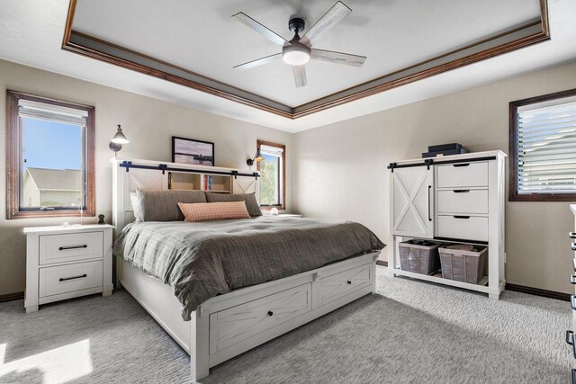 W6708 Prescott Dr, Greenville, WI 54942 - bedroom featuring a tray ceiling, light colored carpet, a barn door, multiple windows, and crown molding