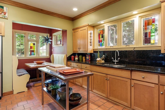 1705 Emerson St, Beloit, WI 53511 - kitchen with a sink, crown molding, backsplash, dark stone counters, and light tile patterned floors