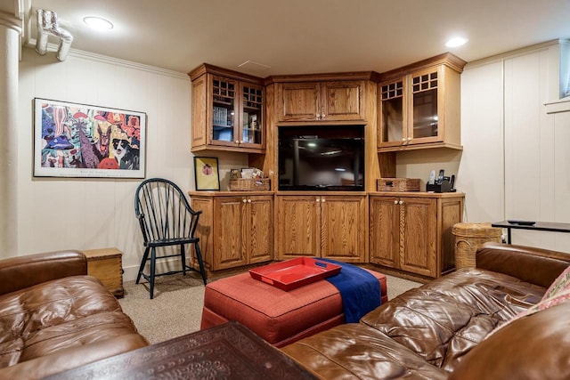1705 Emerson St, Beloit, WI 53511 - living room featuring light colored carpet, recessed lighting, and a decorative wall