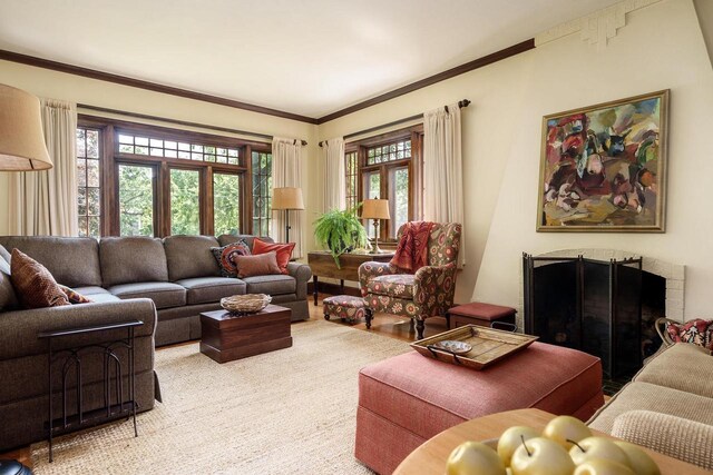 1705 Emerson St, Beloit, WI 53511 - living area featuring crown molding and a fireplace