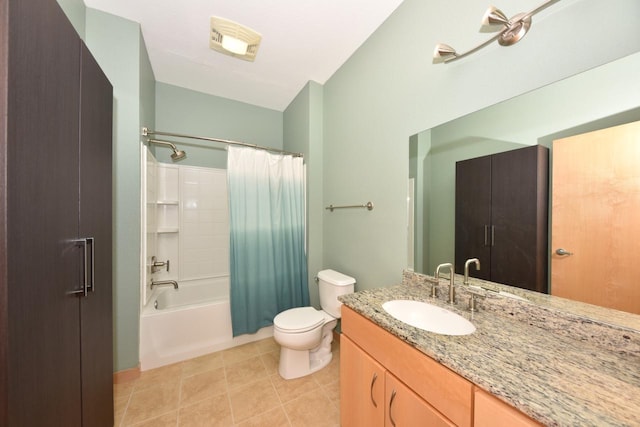 601 E Ogden Ave Unit 411, Milwaukee, WI 53202 - bathroom featuring shower / bathtub combination with curtain, vanity, toilet, and tile patterned floors