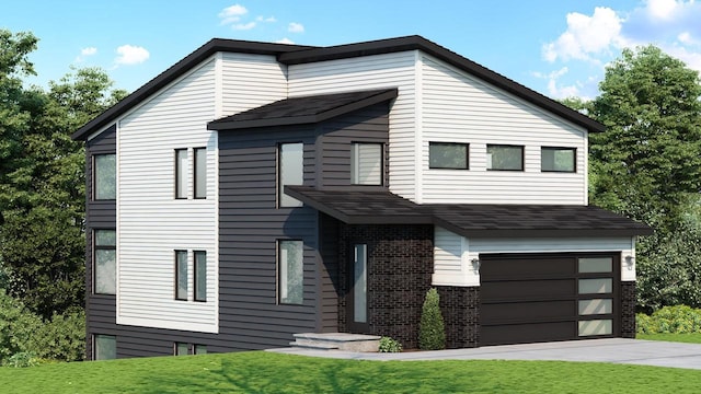 859 Kimball Ln, Verona, WI 53593 - contemporary home with an attached garage, brick siding, a front lawn, and driveway