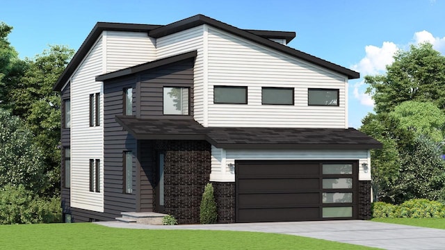 859 Kimball Ln, Verona, WI 53593 - contemporary home with brick siding, a garage, concrete driveway, a front yard, and roof with shingles
