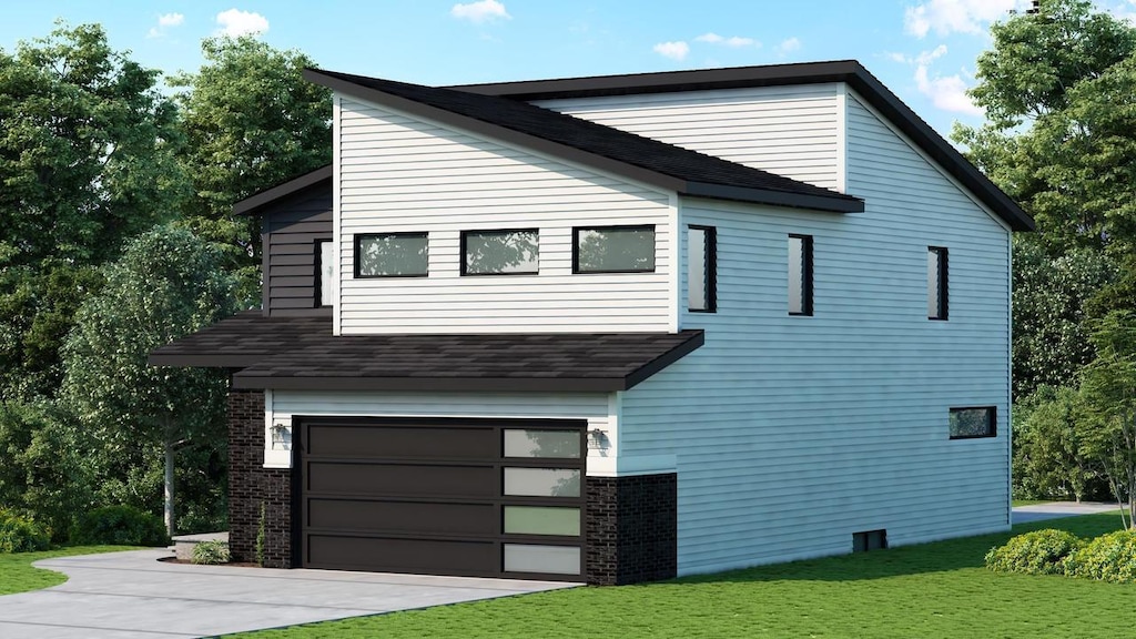 859 Kimball Ln, Verona, WI 53593 - view of home's exterior with a garage, brick siding, a yard, concrete driveway, and roof with shingles