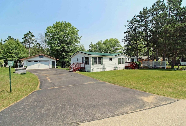 302 Lakeshore Dr, Avoca, WI 53506 - manufactured / mobile home featuring an outdoor structure, a garage, and a front yard