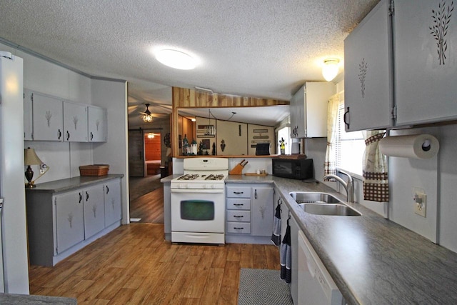 302 Lakeshore Dr, Avoca, WI 53506 - kitchen featuring white appliances, light wood-style floors, a ceiling fan, and a textured ceiling