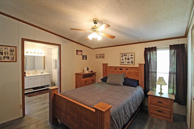 302 Lakeshore Dr, Avoca, WI 53506 - bedroom featuring crown molding, dark wood-type flooring, vaulted ceiling, a textured ceiling, and ensuite bath