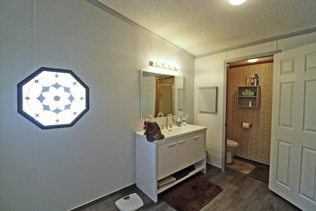 302 Lakeshore Dr, Avoca, WI 53506 - bathroom featuring wood finished floors, vanity, a textured ceiling, and crown molding
