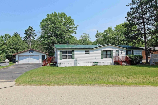 302 Lakeshore Dr, Avoca, WI 53506 - manufactured / mobile home with an outdoor structure, a garage, and a front lawn