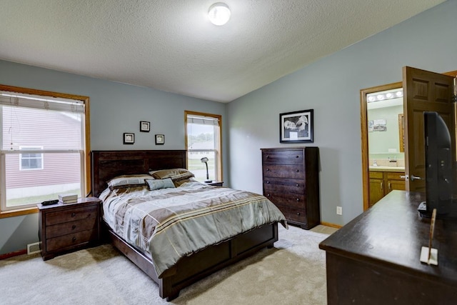 S5472 Mammoth Trl, Baraboo, WI 53913 - bedroom with lofted ceiling, light carpet, a textured ceiling, connected bathroom, and baseboards