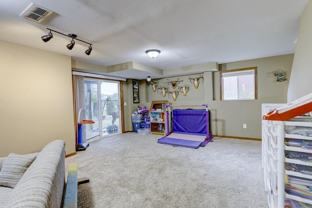 S5472 Mammoth Trl, Baraboo, WI 53913 - playroom featuring carpet flooring, track lighting, and baseboards