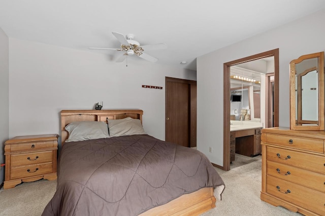 2806 Maple Grove Dr, Madison, WI 53719 - bedroom featuring light carpet, a desk, ensuite bath, and ceiling fan