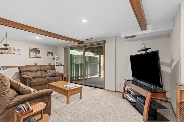 2806 Maple Grove Dr, Madison, WI 53719 - living room with beamed ceiling, carpet, recessed lighting, and baseboards