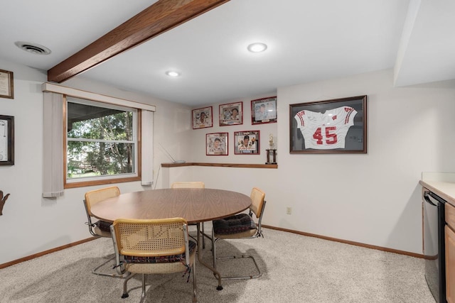 2806 Maple Grove Dr, Madison, WI 53719 - dining space with baseboards, carpet flooring, beamed ceiling, and recessed lighting
