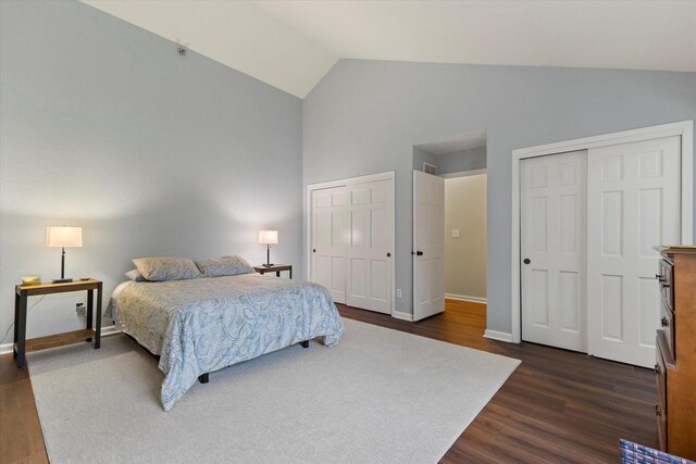 2975 River Birch Dr Unit E, Brookfield, WI 53045 - bedroom featuring multiple closets, dark wood-style floors, high vaulted ceiling, and baseboards