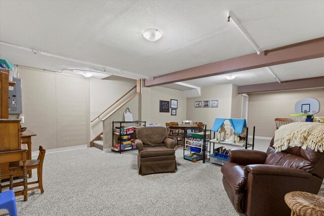 2975 River Birch Dr Unit E, Brookfield, WI 53045 - living area with carpet, stairway, baseboards, electric panel, and a textured ceiling