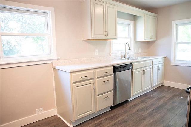 121 Pear St, Chippewa Falls, WI 54729 - kitchen with dishwasher, a sink, dark wood-style floors, baseboards, and light countertops