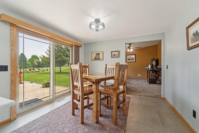 249 Donovan Cir, Rosendale, WI 54974 - dining area with ceiling fan, light colored carpet, and baseboards