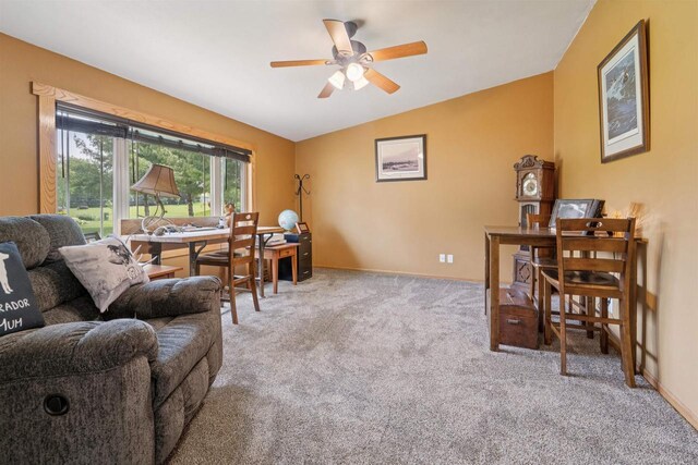 249 Donovan Cir, Rosendale, WI 54974 - carpeted living area with vaulted ceiling, ceiling fan, and baseboards