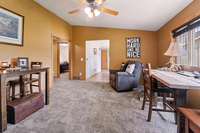 249 Donovan Cir, Rosendale, WI 54974 - carpeted office space featuring vaulted ceiling, ceiling fan, and baseboards