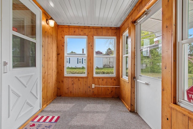 1013 28th St, Two Rivers, WI 54241 - unfurnished sunroom with healthy amount of natural light, carpet floors, and wooden walls