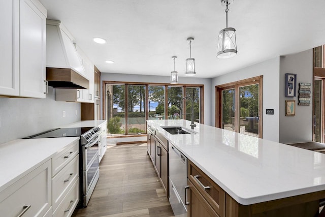 6500 E Decorah Ave, Oshkosh, WI 54902 - kitchen with stainless steel appliances, a sink, premium range hood, recessed lighting, and a large island