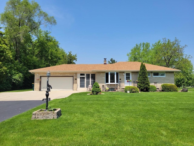1406 E Oakwood Rd, Oak Creek, WI 53154 - ranch-style home featuring concrete driveway, an attached garage, a chimney, and a front yard