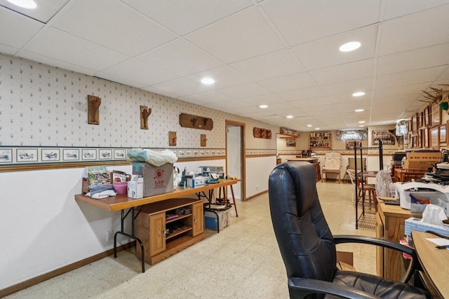 1406 E Oakwood Rd, Oak Creek, WI 53154 - home office with wallpapered walls, light flooring, baseboards, a paneled ceiling, and recessed lighting