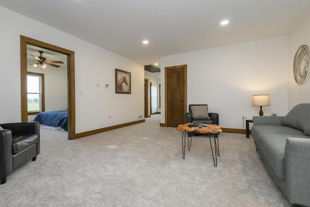 W6497 Vandre Rd, Johnson Creek, WI 53038 - living room featuring light carpet, recessed lighting, baseboards, and ceiling fan