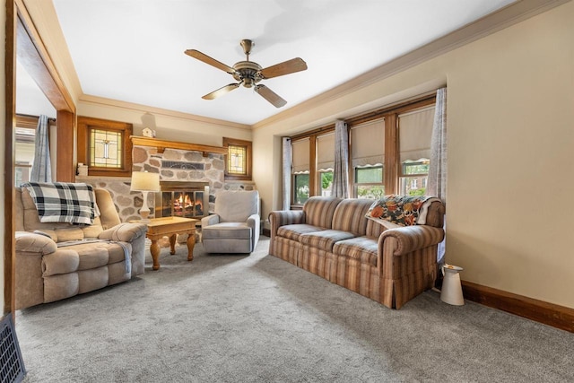 1472 S 86th St, West Allis, WI 53214 - living area featuring carpet floors, a ceiling fan, ornamental molding, a fireplace, and baseboards