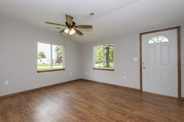 9219 Caddy Ln, Caledonia, WI 53108 - entrance foyer featuring wood finished floors, baseboards, a ceiling fan, and lofted ceiling