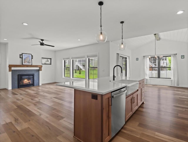 9437 Cobalt St, Middleton, WI 53562 - kitchen with stainless steel dishwasher, lofted ceiling, ceiling fan, plenty of natural light, and wood finished floors