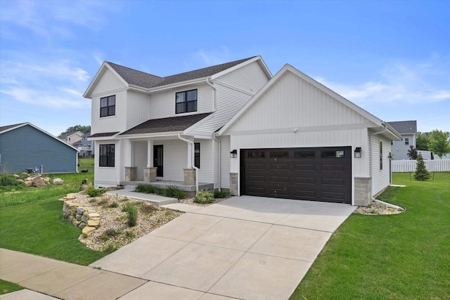 9437 Cobalt St, Middleton, WI 53562 - modern farmhouse with a porch, an attached garage, driveway, and a shingled roof
