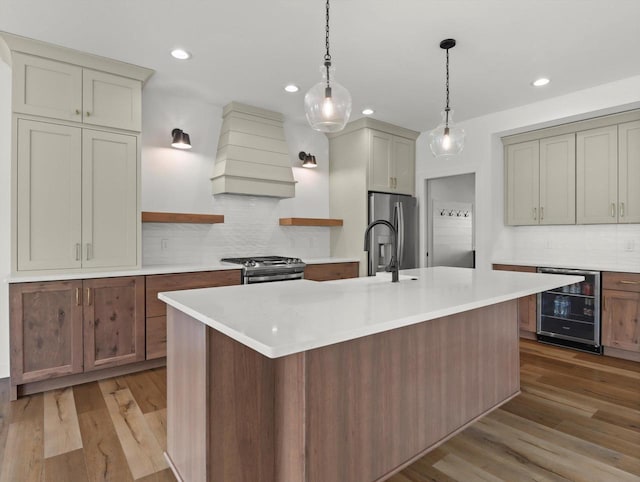 9437 Cobalt St, Middleton, WI 53562 - kitchen featuring wine cooler, open shelves, stainless steel appliances, custom exhaust hood, and tasteful backsplash