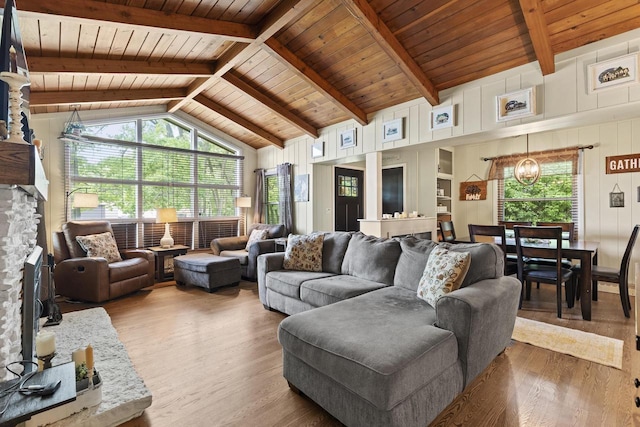 12554 Knoll Rd, Elm Grove, WI 53122 - living area featuring wooden ceiling, wood finished floors, and plenty of natural light