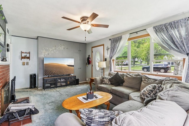 3036 S 65th Ct, Milwaukee, WI 53219 - carpeted living room featuring ceiling fan and a fireplace
