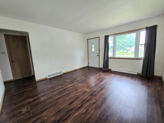 9829 W Lincoln Ave, West Allis, WI 53227 - empty room featuring a baseboard radiator, dark wood finished floors, and baseboards