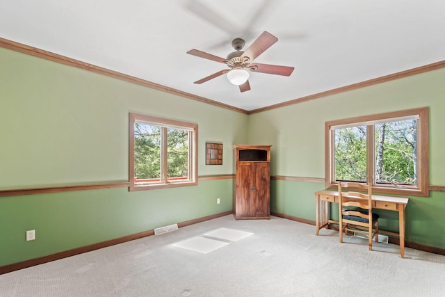 100 Accipiter Ct, Burlington, WI 53105 - carpeted office space featuring healthy amount of natural light, baseboards, ceiling fan, and ornamental molding
