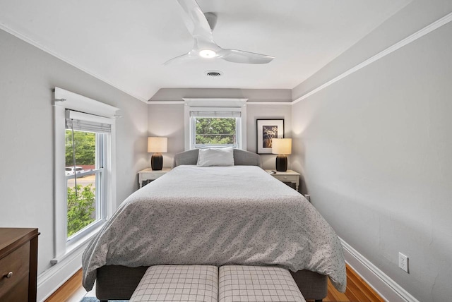 170 N Lakeshore Dr, Fontana, WI 53125 - bedroom featuring multiple windows, wood finished floors, baseboards, ornamental molding, and lofted ceiling