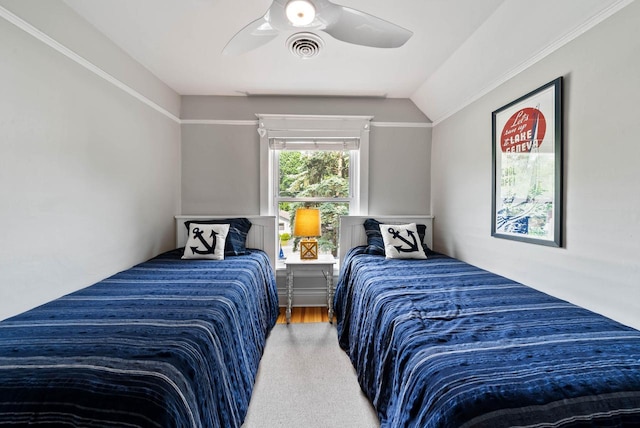 170 N Lakeshore Dr, Fontana, WI 53125 - bedroom with carpet floors, vaulted ceiling, and a ceiling fan
