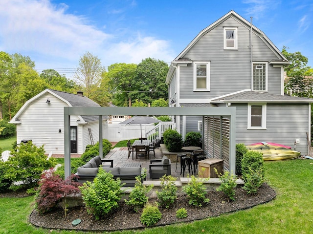 170 N Lakeshore Dr, Fontana, WI 53125 - back of house featuring a gambrel roof, an outdoor hangout area, and a patio