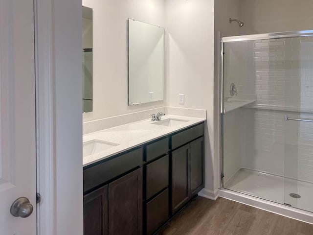 5010 Linden Rd, Mount Pleasant, WI 53403 - full bathroom featuring a shower stall, wood finished floors, and double vanity