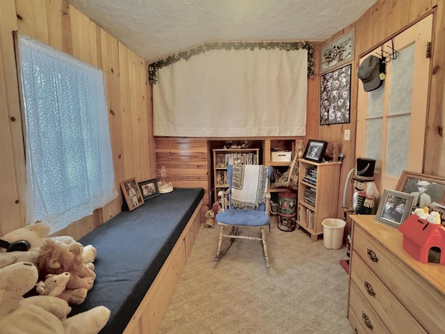 1657 N Elm Rd, Junction City, WI 54443 - carpeted bedroom with wooden walls and a textured ceiling
