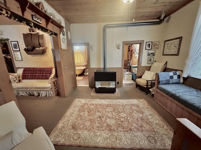 1657 N Elm Rd, Junction City, WI 54443 - living area with wood ceiling, wainscoting, and a wood stove