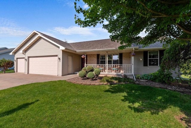 136 Yacoub Ln, Fond Du Lac, WI 54935 - single story home with a porch, a garage, concrete driveway, a front yard, and a shingled roof