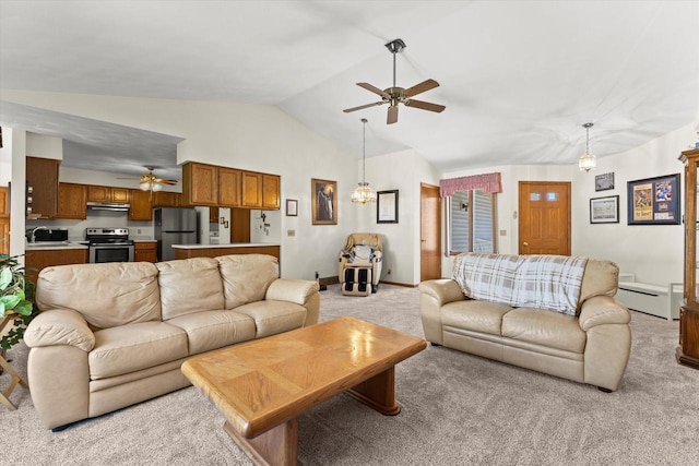 636 Westbury Ln Unit 12, Delavan, WI 53115 - living area featuring a ceiling fan, light colored carpet, vaulted ceiling, baseboards, and a baseboard radiator