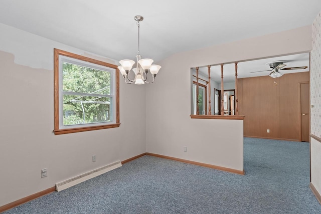11549 N Meadowbrook Dr, Mequon, WI 53097 - carpeted empty room featuring a baseboard radiator, a chandelier, baseboards, and a ceiling fan