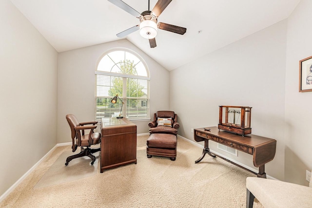 15370 Huff Way, Brookfield, WI 53005 - office area with ceiling fan, vaulted ceiling, carpet floors, and baseboards