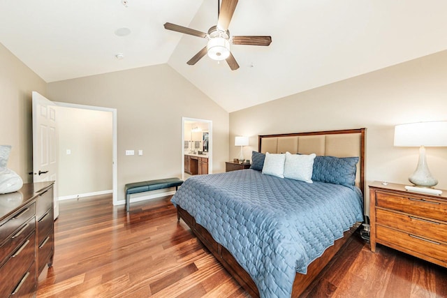 15370 Huff Way, Brookfield, WI 53005 - bedroom with wood finished floors, lofted ceiling, a ceiling fan, baseboards, and ensuite bathroom
