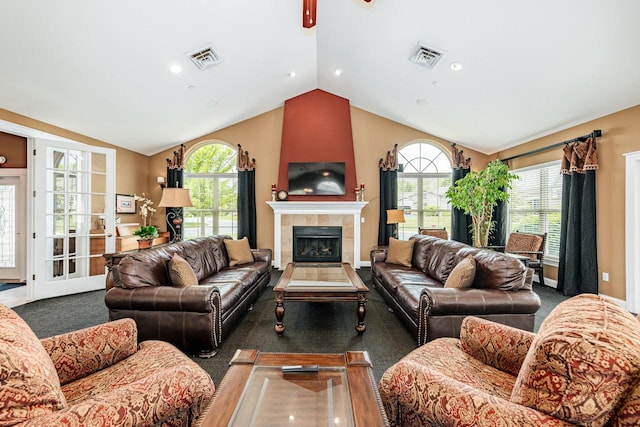 15370 Huff Way, Brookfield, WI 53005 - carpeted living area with vaulted ceiling, a ceiling fan, a fireplace, and baseboards